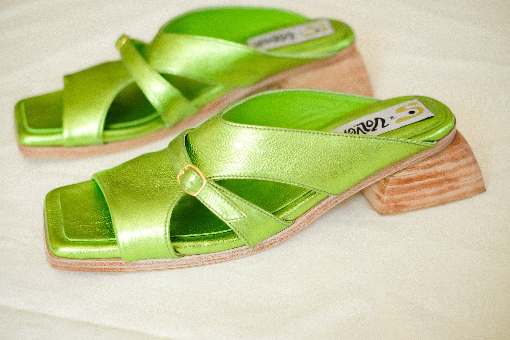valentina sandal in metallic matcha cowhide